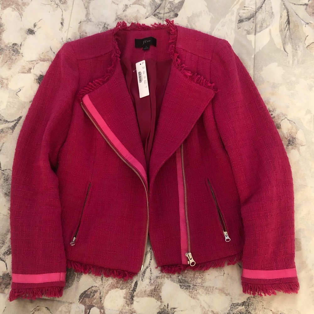 J crew tweed moto jacket in cranberry punch